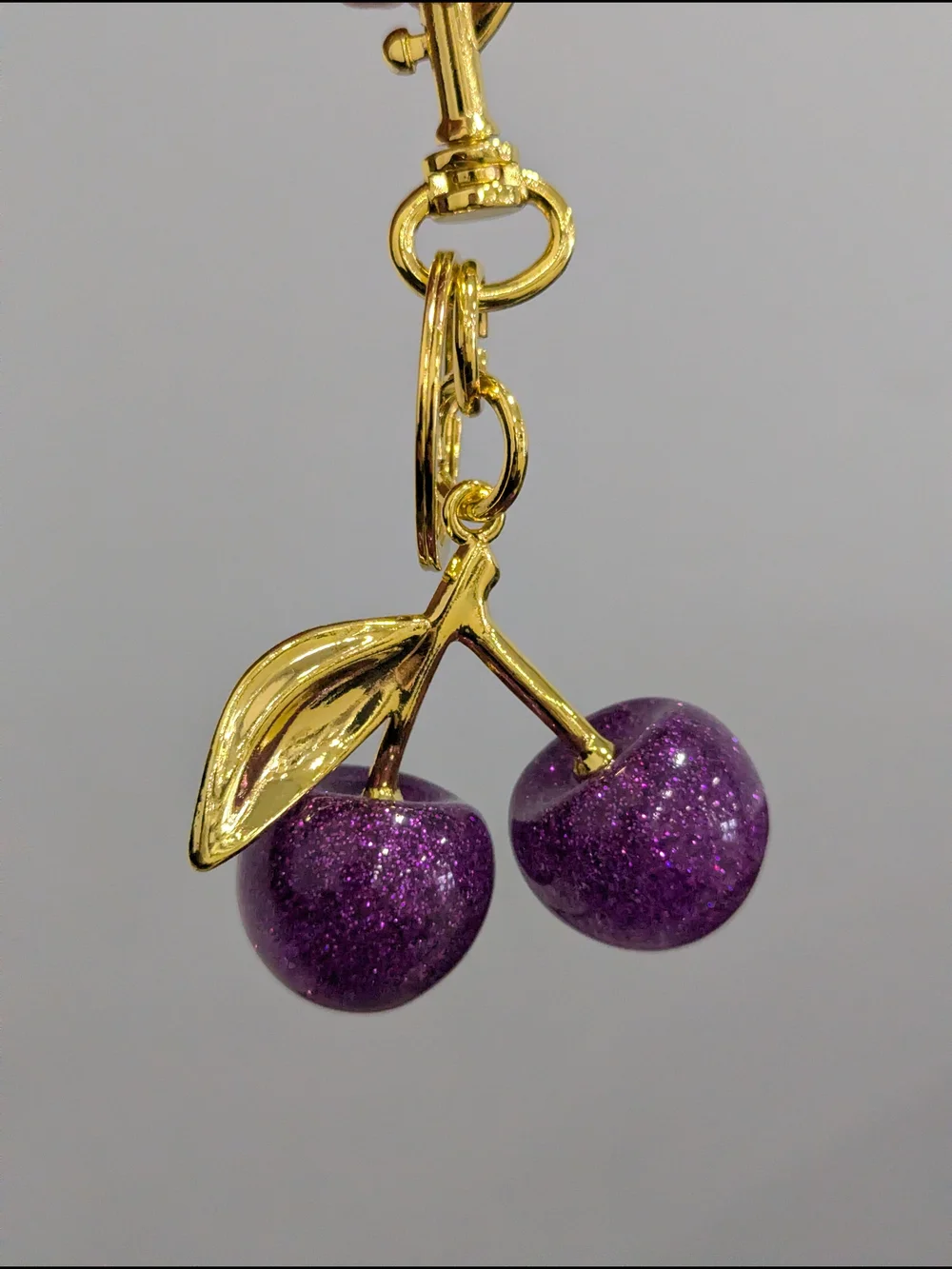Purple Glitter Cherry Charm Keychain NWOT (Small)